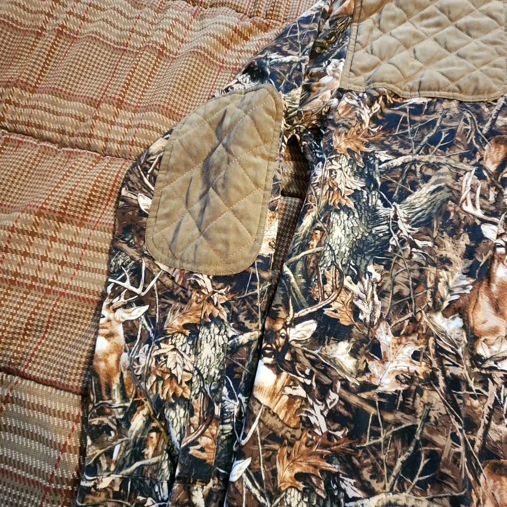 VTG Morgan Creek Brown Hunter‎ Camo Button Down Mens Sz L Elbow Shoulder Patches